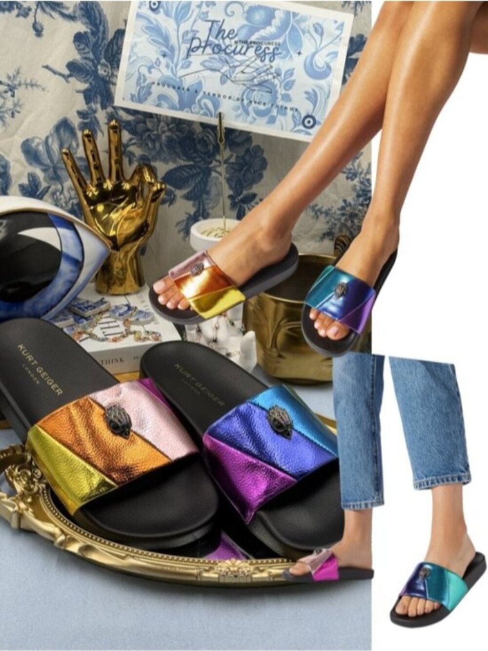 🆕 KURT GEIGER LONDON 🧿 NWOB Meena Eagle Metallic Pool Slide